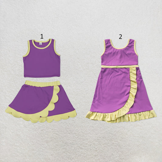 RTS NO MOQ Sibling yoga fabric cotton Baby Girls Purple Yellow Sleeveless Vest Scallop Skirt Yoga Active Set Short Knee Length Dress