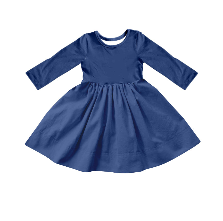 Custom moq 5 Girls Blank Cotton Long Sleeve Dress Navy Blue Long Sleeve Dress