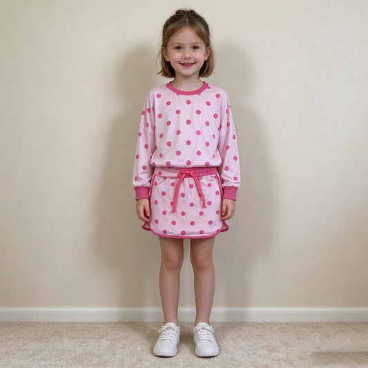 NEW RTS NO MOQ milk silk GLD1765 Baby Girls Pink Polka Dot Long Sleeve Top And Drawstring Skort Sets