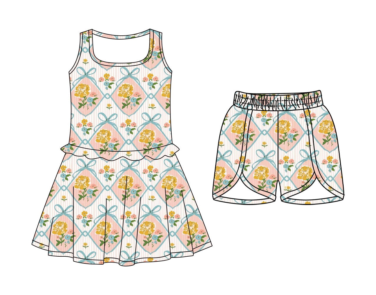 Custom moq 5 mix size Baby Girls Floral Bow Print Sleeveless Dress with Elastic Waist Shorts