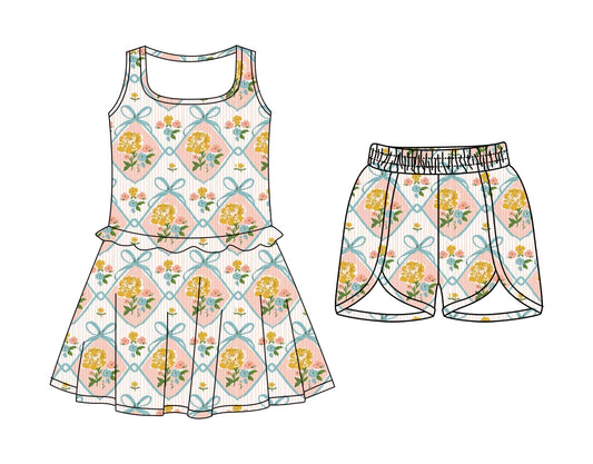 Custom moq 5 mix size Baby Girls Floral Bow Print Sleeveless Dress with Elastic Waist Shorts
