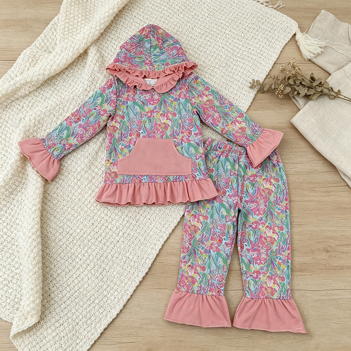 NEW RTS NO MOQ milk silk GLP3519 Baby Girls Sea Plants Pocket Ruffle Hoodie Top Pants Sets