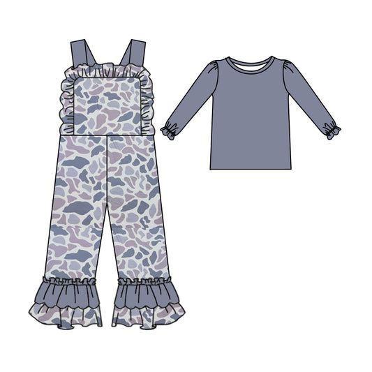 9.16 custom each style moq 5eta 4-6week baby girls clothes camouflage gray long sleeve suspender jumpsuit sets