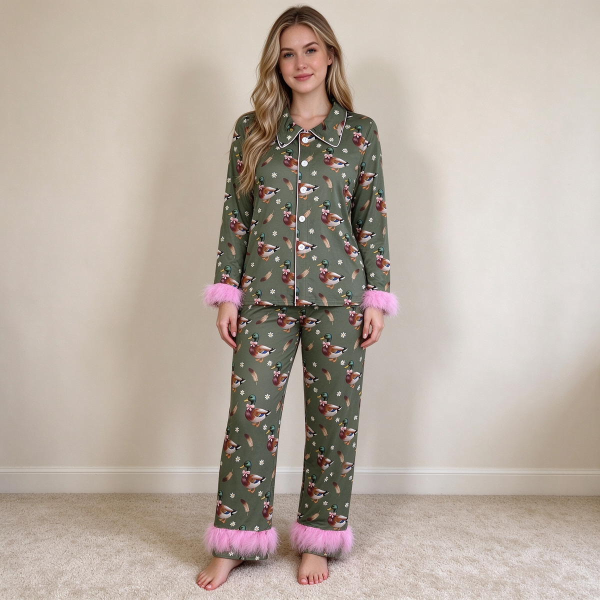 NEW RTS NO MOQ milk silk GLP3628 Adult Women Ducks Flowers Button Top Pant Fur Sleeves Pajamas Set Fall Outfit