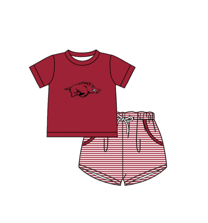 Custom moq 5 mix size milk silk summer teams Baby Boys And Girls Red Short-Sleeved Shirt And Shorts Set Matching Striped Rompers Outfit Set