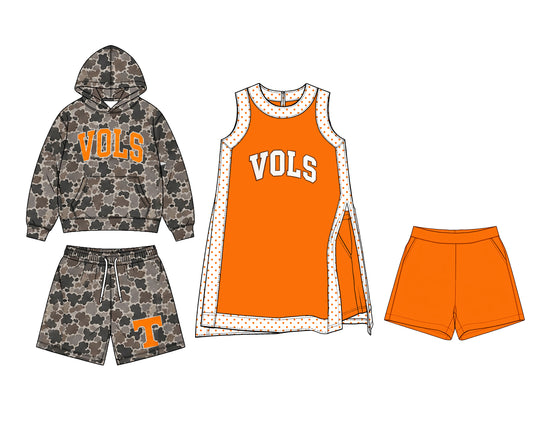 (Preorder new) No moq Baby Kids Camouflage Print Long Sleeve Hooded Top Shorts Set Orange Yoga Split Skirt Separate Shorts Set