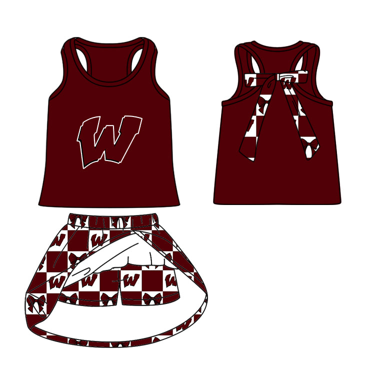Custom moq 5 mix size milk silk summer teams Baby Girl Dark Red Sleeveless Top Skirts Set Dress And Shorts Yoga Checked Outfit Boy's Checked Short-Sleeved Polo Shirt And Romper