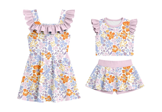 Custom moq 5 mix size Sibling Baby Girl Floral Print Sleeveless Top And Shorts Set Dress Cute Summer Outfit
