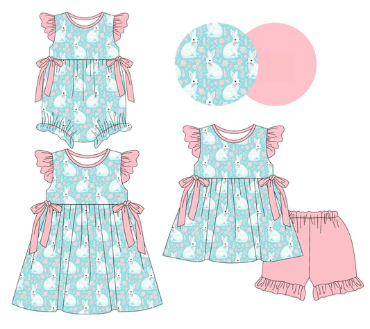 25.12.19 custom each style moq 5 eta 6-8week Sibling Sister bunny floral baby short sleeve shorts sets and romper and dress match design