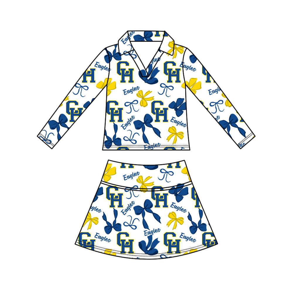 Custom moq 5 mix size milk silk summer teams Girls Polka Dot Top Shorts Set Blue Top Skirt Short Set Zipper Pullover Jogger Pants Set