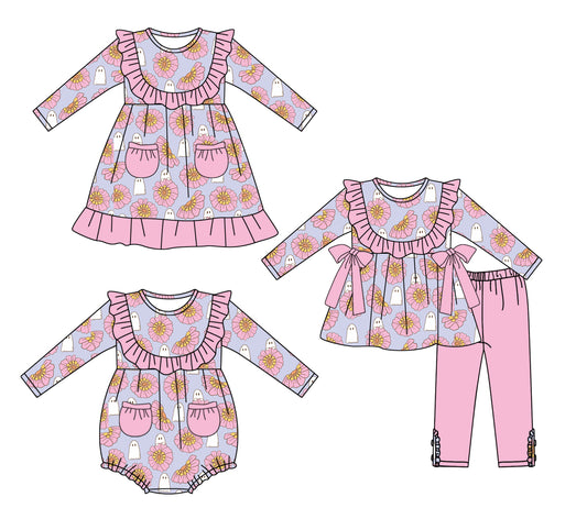 25.5.10 custom each style moq 5eta 4-6week Sibling Sisters floral ghost baby girl long sleeve pants sets and dress and rompers match family design