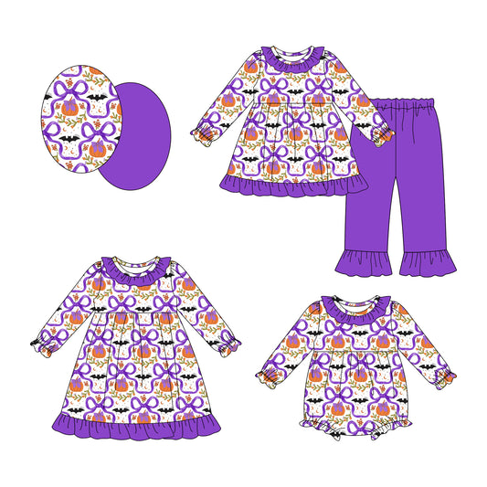 25.8.5 custom each style moq 5eta 4-6week Sibling Sisters pumpkin bow purple baby girl long sleeve pants sets and dress and rompers match family design
