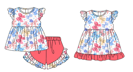 25.11.18 custom each style moq 5 eta 6-8week Sibling Sister bow baby girl short sleeve shorts sets and dress match design