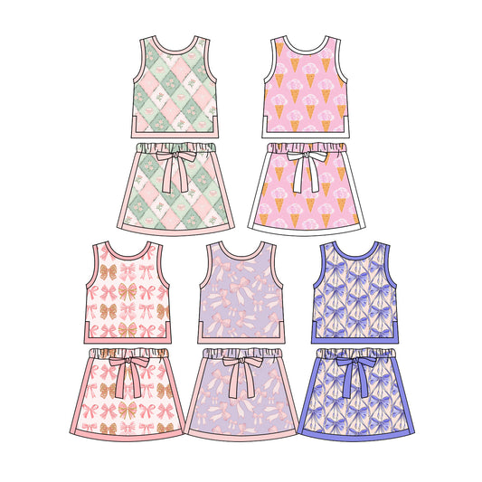 2.27 Custom moq 5 mix size Sibling Baby Girl Sleeveless Top And Skirt with bow Set Cute Outfit
