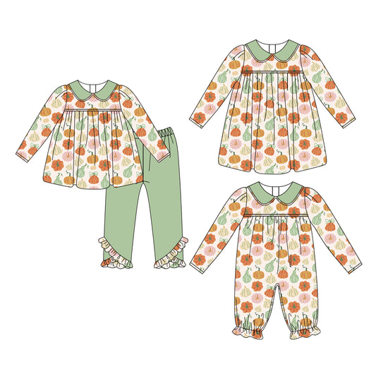 4.13 Custom moq 5 mix size Sibling Baby Girl's Halloween Pumpkin Long-Sleeved Pants Set Matching Romper And Dress Outfit Set