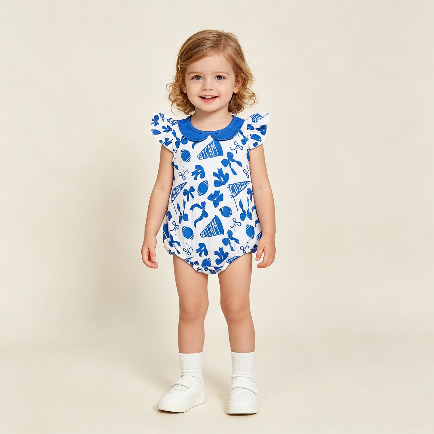 RTS NO MOQ milk silk SR3192 Baby Girls Cute Blue Cheer Team Flutter Sleeve Ruffle Rompers
