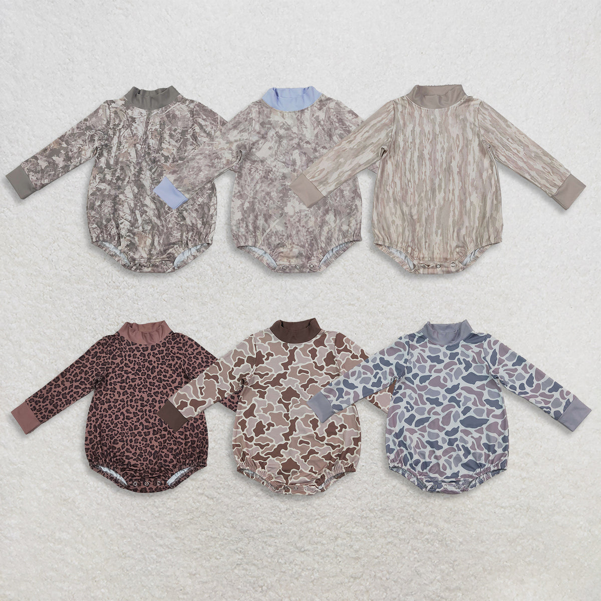 RTS NO MOQ Sibling milk silk High Neck Baby Boys Camo Print Long Sleeve Mock Neck Bubble Romper