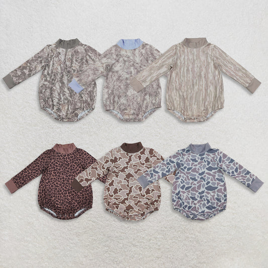 RTS NO MOQ Sibling milk silk High Neck Baby Boys Camo Print Long Sleeve Mock Neck Bubble Romper