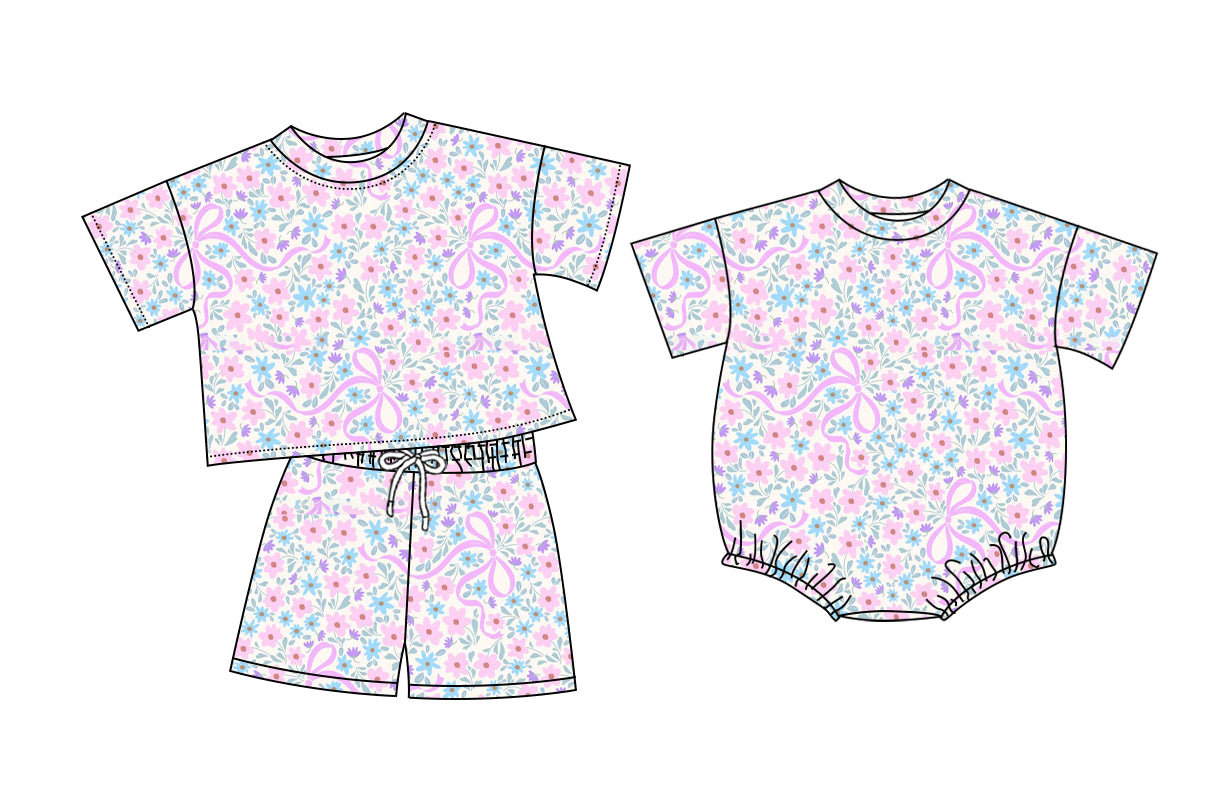 26.1.9 custom each style moq 5 eta 6-8week Sibling Sister floral bow baby girl short sleeve shorts sets and romper match design