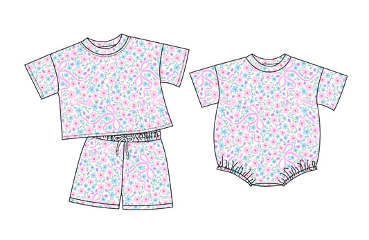 26.1.9 custom each style moq 5 eta 6-8week Sibling Sister floral bow baby girl short sleeve shorts sets and romper match design