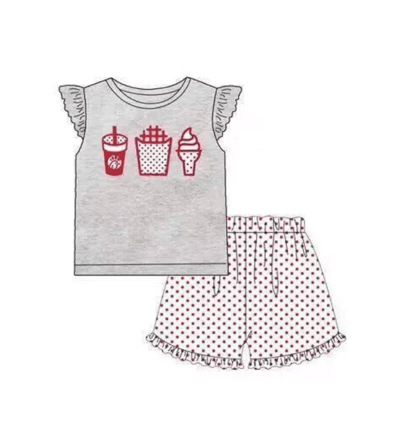 5.18custom each style moq 5eta 4-5week Sibling Sister Drink popcorn ice cream print gray polka dots and red plaid girls and boys outfits and baby romper match family design