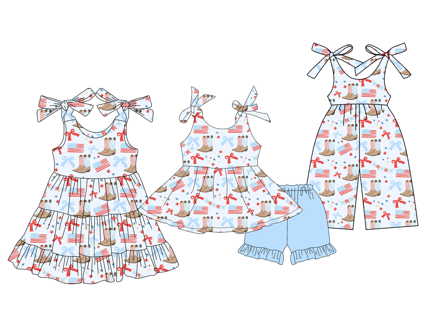 3.20 custom each style moq 5eta 4-6week Sibling Sister bow flag boots baby girl short sleeve shorts sets and dresses and jumpsuit match design