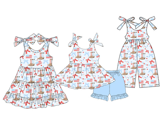 3.20 custom each style moq 5eta 4-6week Sibling Sister bow flag boots baby girl short sleeve shorts sets and dresses and jumpsuit match design