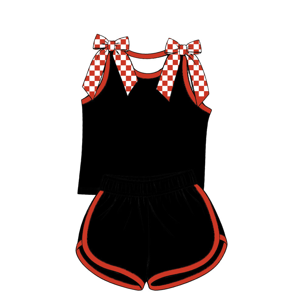 custom moq 5 mix size Baby Girls Red Black Checked Bow Sleeveless Top Shorts Summer Casual Outfit Set