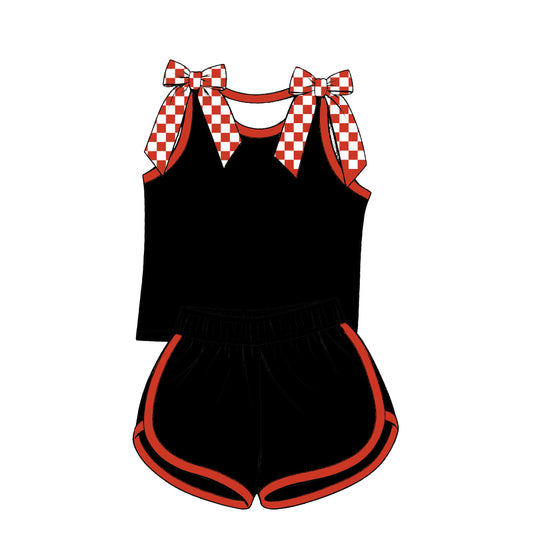 custom moq 5 mix size Baby Girls Red Black Checked Bow Sleeveless Top Shorts Summer Casual Outfit Set
