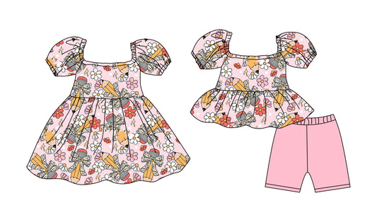Custom moq 5 mix size Sibling Baby Girl's Back to School Pink Short-Sleeved Top And Shorts Set Cute Dress Combination for Little Ones