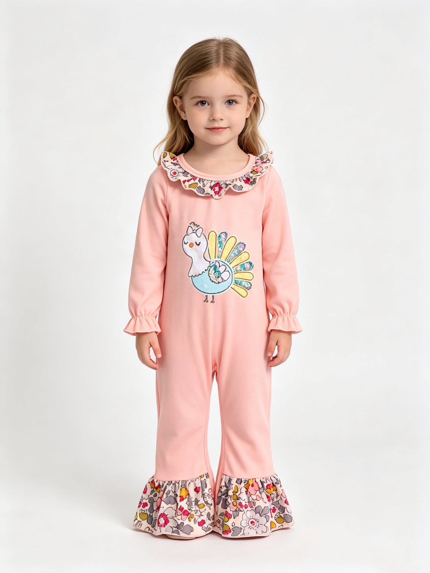 (Sample) No moq milk silk LR3216 Embroidery Flowers Turkey Baby Girls Thanksgivings Ruffle Pant Rompers Thanksgiving Daily Wear Romper