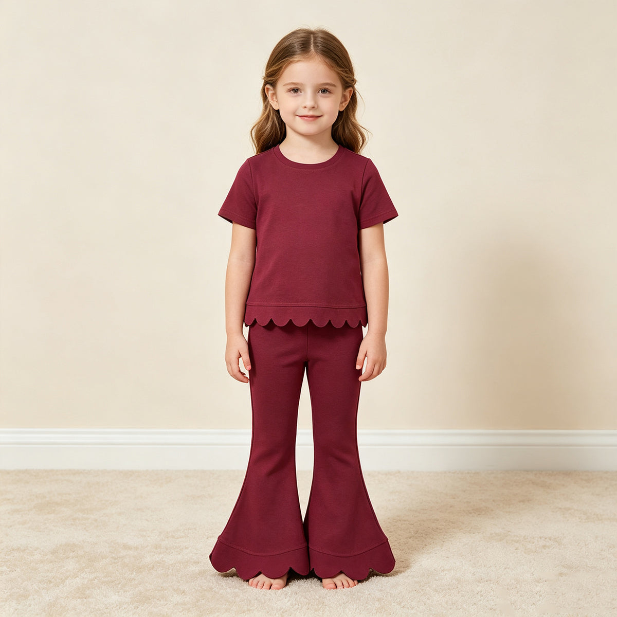 NEW RTS NO MOQ cotton GSPO2341（GT1771+P1079）Baby Girls Red Short Sleeve Shirts Top Flare Pant Scallop Sets