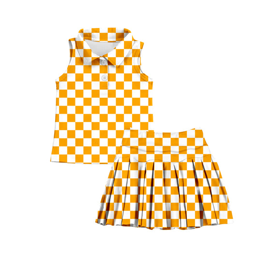 7.2 custom each style moq 5eta 4-6week orange and white grid baby girls clothes Yoga Wear girls sets and sleeveless dress