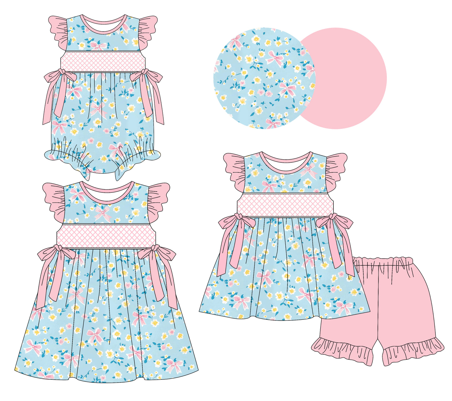 3.7 custom each style moq 5eta 4-6week Sibling Sisters bow floral baby girl short sleeve shorts sets and dress and rompers match family design