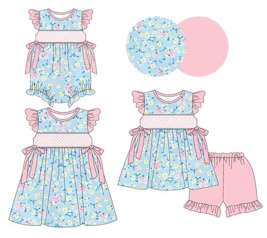 3.7 custom each style moq 5eta 4-6week Sibling Sisters bow floral baby girl short sleeve shorts sets and dress and rompers match family design