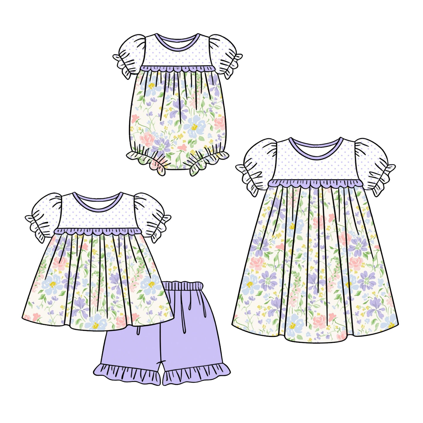 3.5 Custom moq 5 mix size Sibling Baby Girl's Short Sleeves Top And Purple Shorts Set Cute Romper Dress for Summer