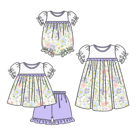3.5 Custom moq 5 mix size Sibling Baby Girl's Short Sleeves Top And Purple Shorts Set Cute Romper Dress for Summer