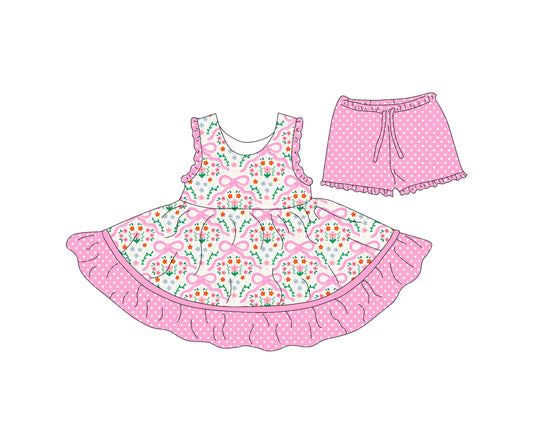 4.15 custom each style moq 5eta 4-6week Sibling Sister bow floral baby girls clothes Short sleeve dress and shorts match family design