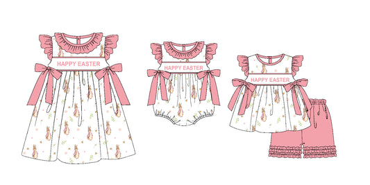 11.20 custom each style moq 5eta 4-6week Sibling Sister HAPPY EASTER rabbit baby girl short sleeve shorts sets and dress and rompers match family design