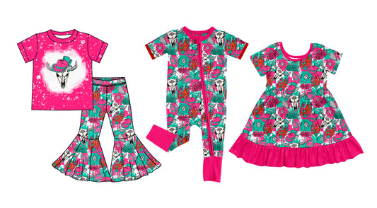 25.5.24 custom each style moq 5eta 4-6week Sibling Sisters cow head hat baby girl short sleeve pants sets and dress and rompers match family design