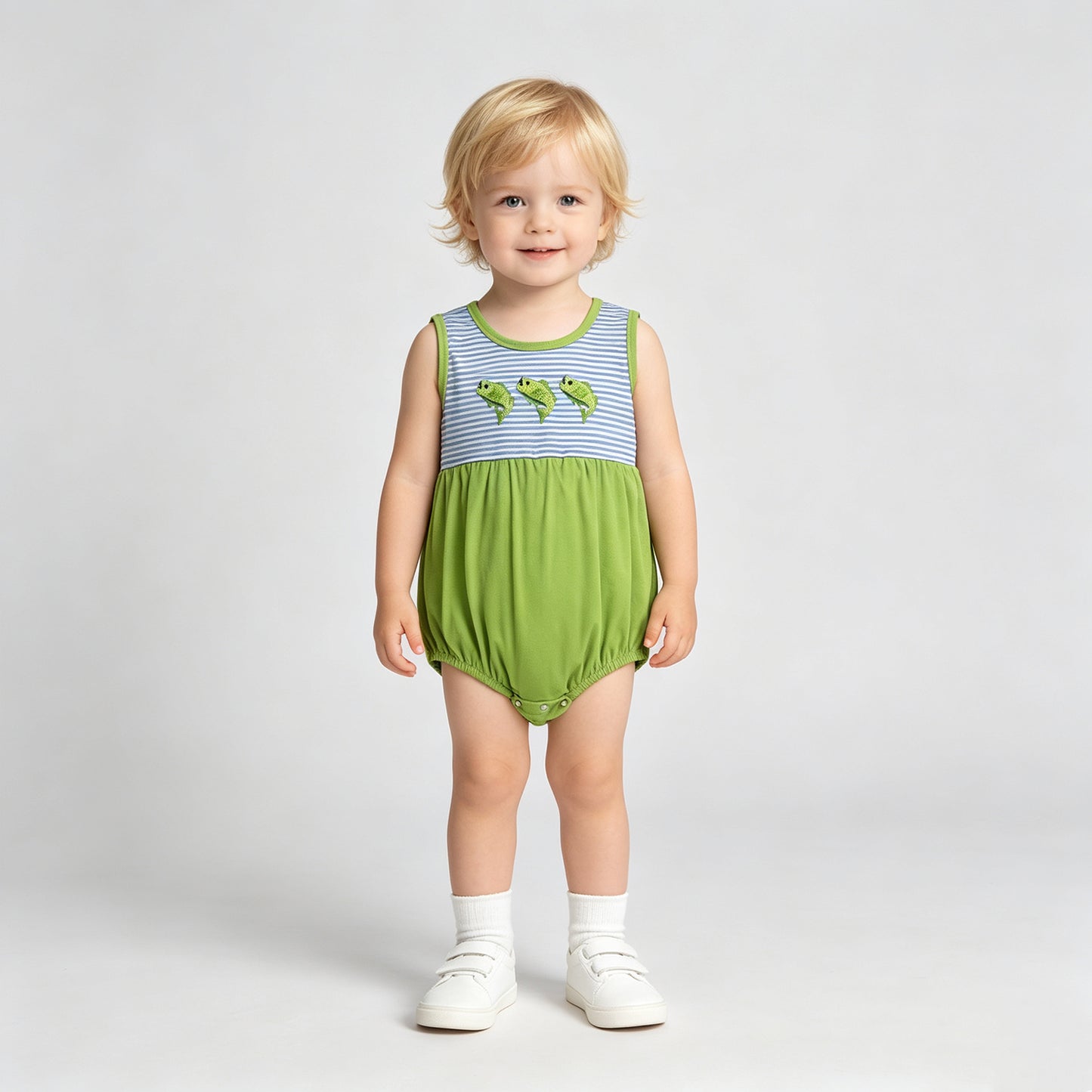 RTS NO MOQ milk silk SR4139 Embroidery Fishes Baby Boys Sleeveless Fishing Hunting Stripe Rompers