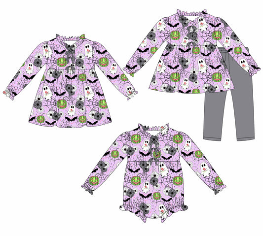 25.7.22 custom each style moq 5eta 4-6week Sibling Sisters ghost bat baby girl long sleeve pants sets and dress and rompers match family design