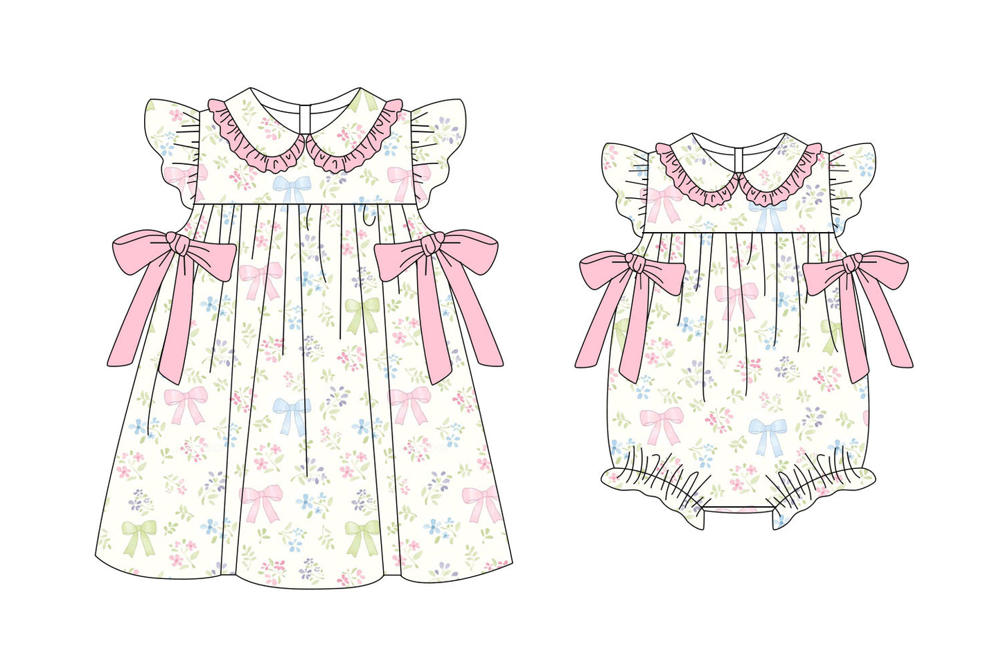 25.11.6 custom each style moq 5 eta 6-8week Sibling Sister floral bow baby short sleeve romper and dress match design