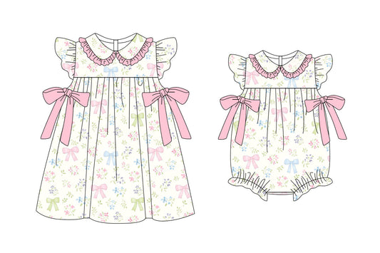 25.11.6 custom each style moq 5 eta 6-8week Sibling Sister floral bow baby short sleeve romper and dress match design