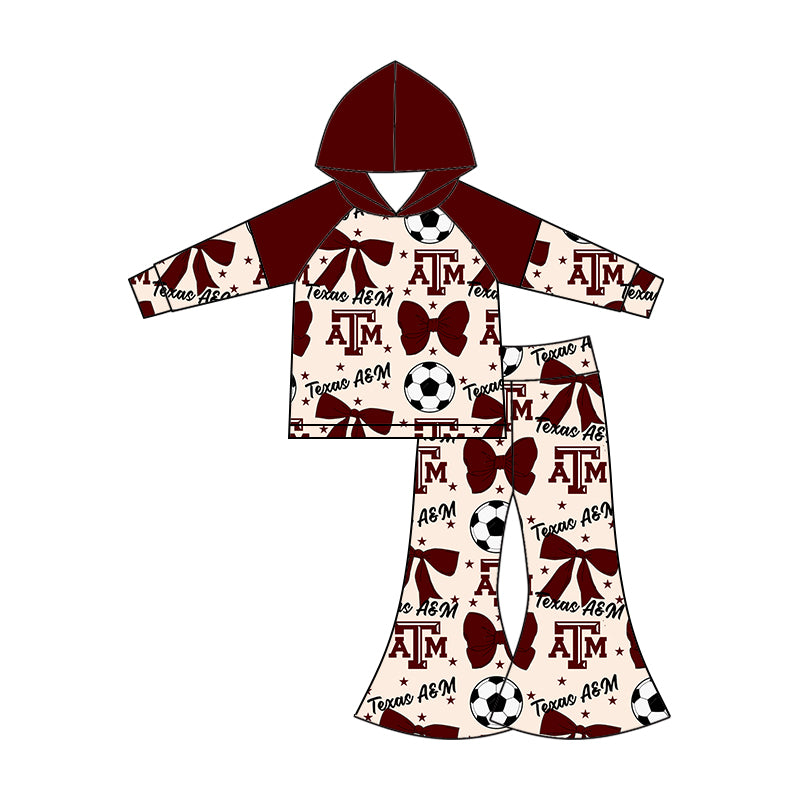 Custom moq 5 each style summer teams baby girls clothes team bow brick red long sleeve hooded pants sets and dress 1 and dress 2 and romper-25.6.14