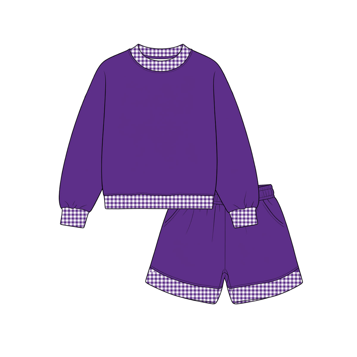 Custom moq 5 girls  Blank Cotton Fabric Sweatshirt Shorts Set Violet sweatshirt and shorts set