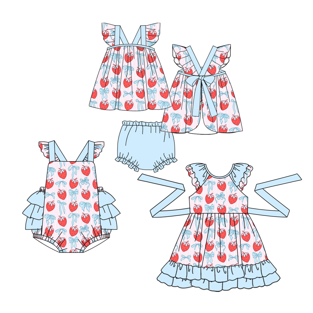 3.30 Custom moq 5 mix size Sibling Baby Girl's Stripe  Flutter Sleeve Top Bummie sets Cute Romper Dress for Summer