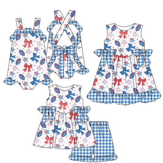 2.20 custom each style moq 5eta 4-6week Sibling Sisters rugby bow baby girl short sleeve shorts sets and dress and rompers match family design