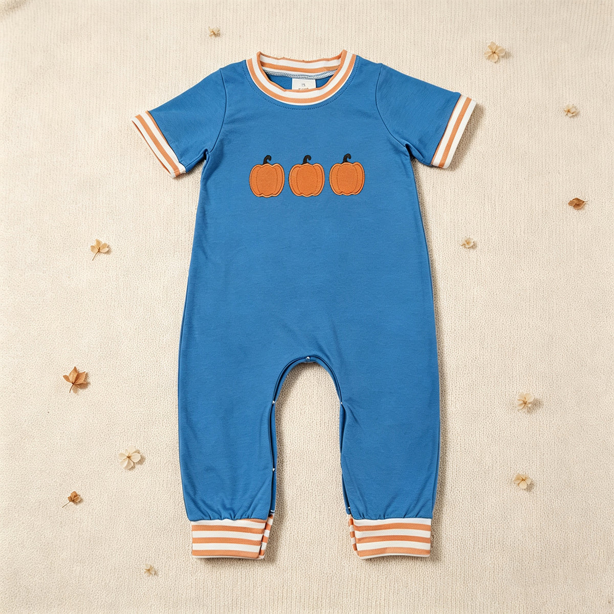 NEW RTS NO MOQ milk silk SR4285 Embroidery Baby Boys Blue Short Sleeve Pumpkin Print Fall Romper