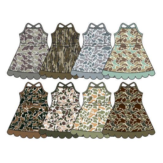 Custom moq 5 mix size Sibling Camouflage Sleeveless Knee-Length Yoga Dress for Baby Girls Summer Dress